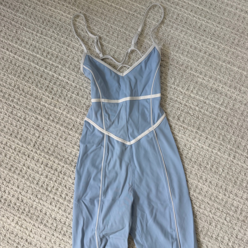 Light Blue women’s One-Piece Bodysuit with White Piping